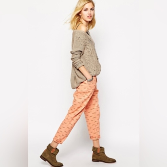 Free People linen aztec print ankle pants.color Peach Size L - Picture 1 of 14